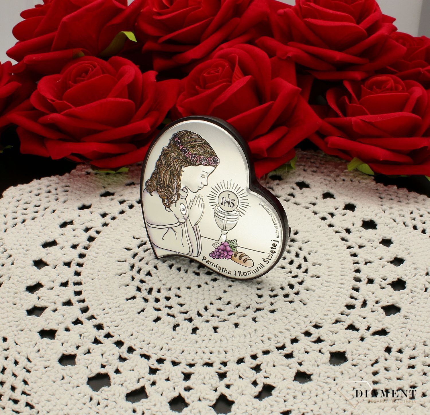 Obrazek srebrny Pierwsza Komunia Święta dla dziewczynki kolorowy 6746.1 COL. Pamiątka I komunii Świętej. Obrazek srebrny kolorowy z grawerem na komunie..jpg